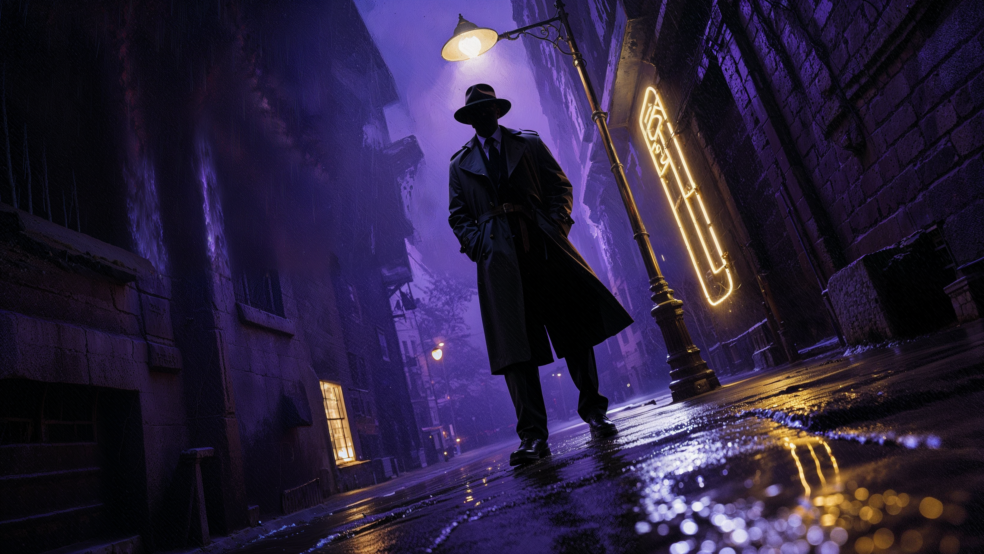 Silhouette eines Detektivs im Trenchcoat bei Nacht in einer regennassen Gasse, erleuchtet von einer Laterne und Neonlichtern. Stimmungsvolle Noir-Atmosphäre – Mystery Krimispiel mit B2B-Potenzial für Händler und Eventanbieter.