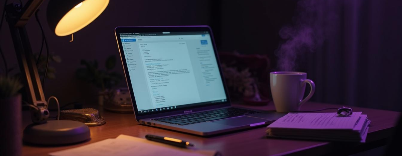 Aufgeklappter Laptop mit geöffneter E-Mail an einem Retro-Schreibtisch bei Nacht, neben einer dampfenden Kaffeetasse. Stimmung wie in Akte X – ein Mystery