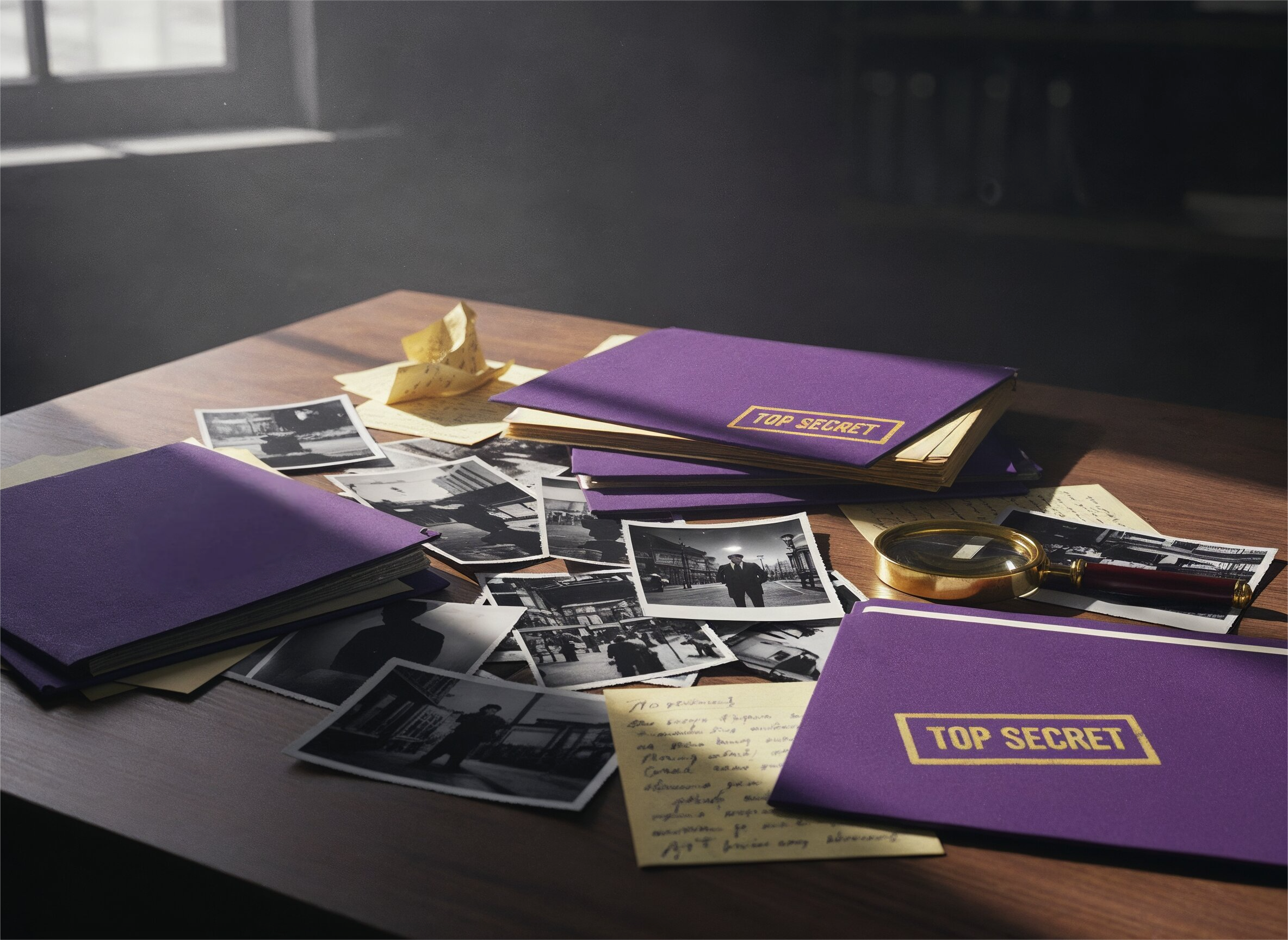 Detektivschreibtisch mit Fotos, lilafarbenen ‚Top Secret‘-Akten und einer Lupe – Spielmaterial aus einem interaktiven Mystery Krimispiel. Krimispiel für Erwachsene mit Ermittlungen, ideal für Spieleabend mit Freunden oder als Geschenk für Krimifans.